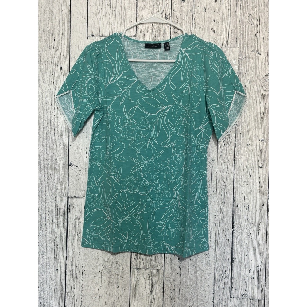 Susan Graver Women's Floral Print Raw Turquoise Short Sleeve Top Size XXS NWT